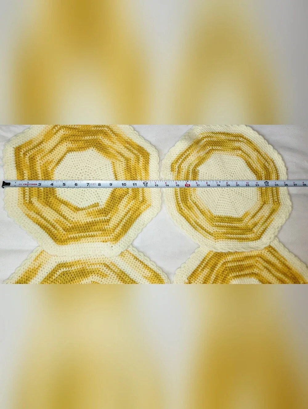 Set Of 6 Vintage Yellow And White Crocheted Placemats In Prestine Condition